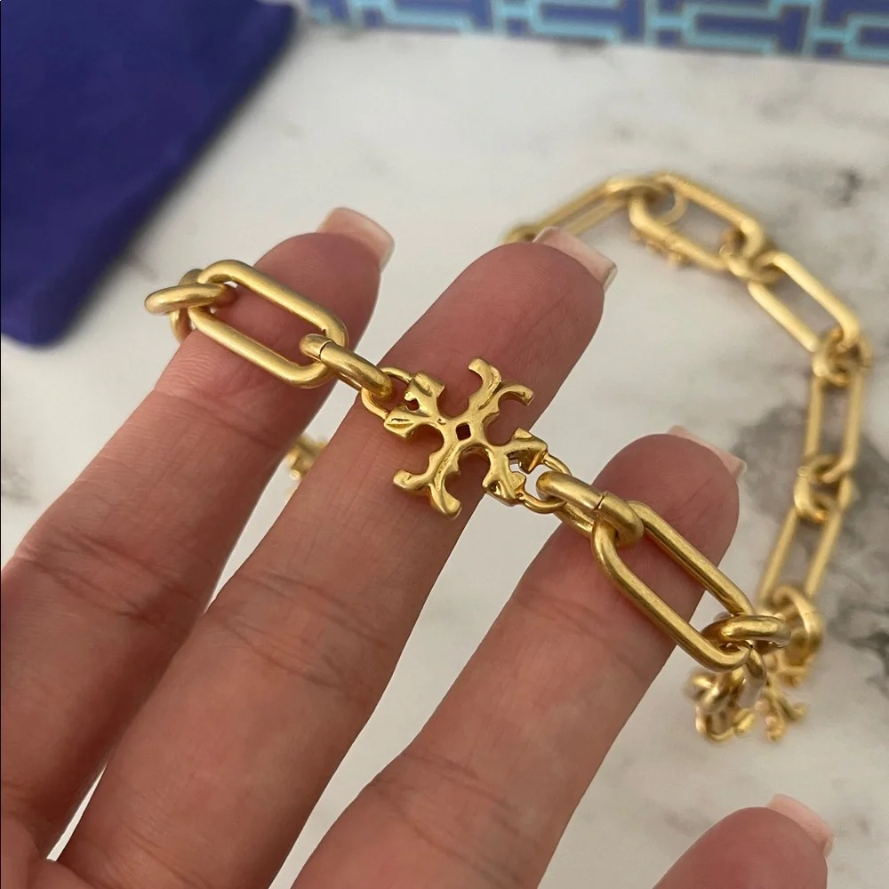 $258 New Authentic Gold Link Chain Bracelet Statement Accents Cross TB logo